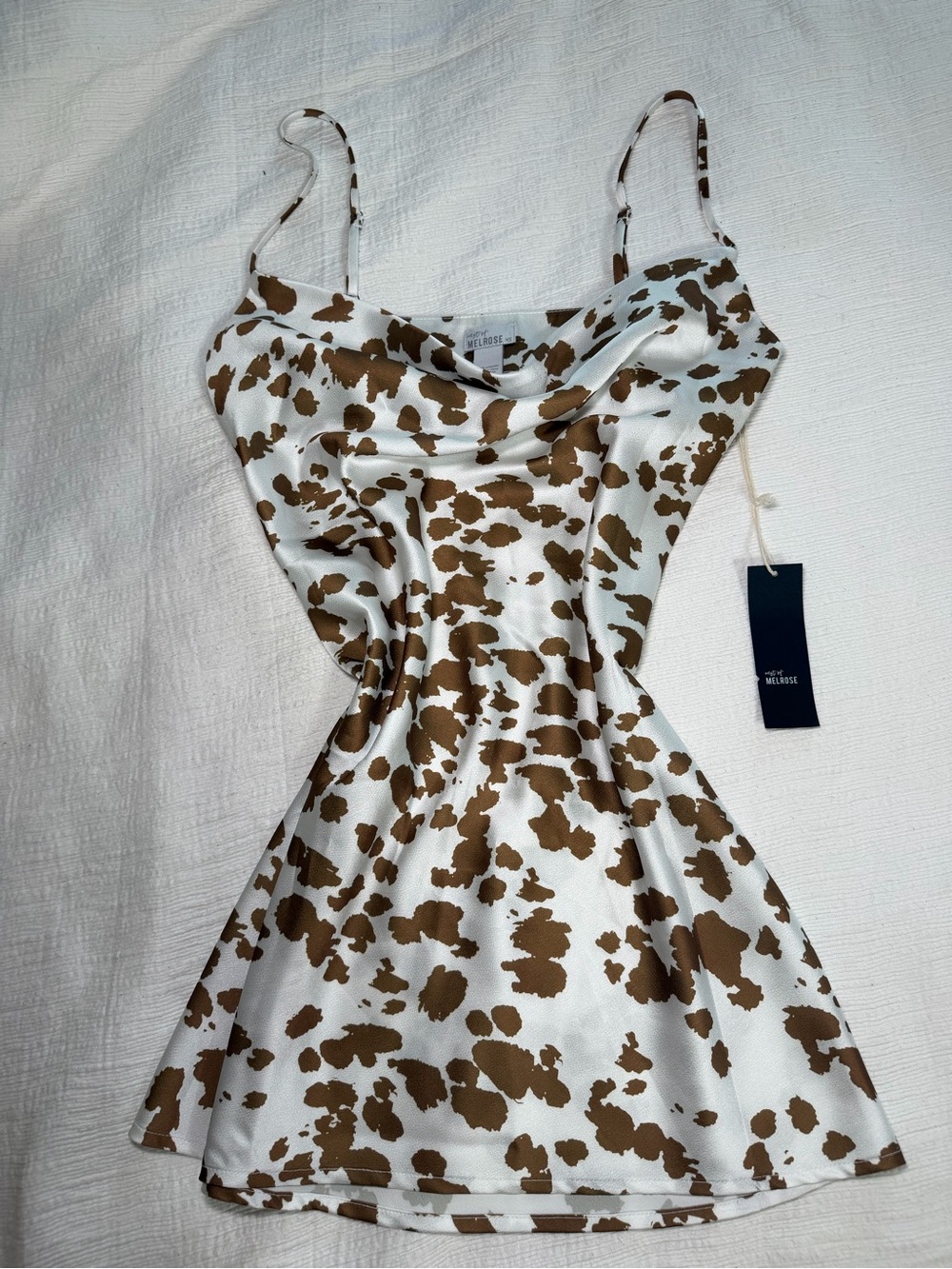 Brown & White Cow Print Slip Dress with Cowl Neck